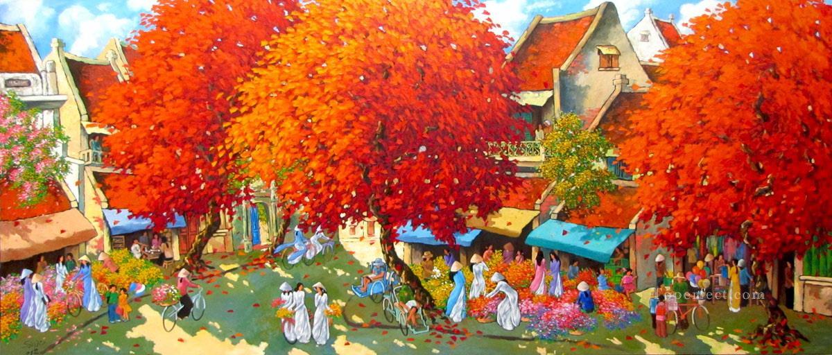 Flower market in Spring Vietnamese Asian Oil Paintings